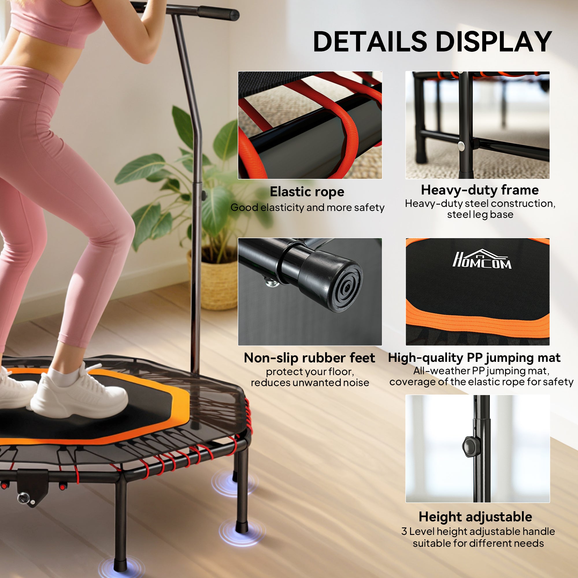 HOMCOM Fitness Trampoline, Bouncer with Adjustable Handle, Max Load 150 kg 