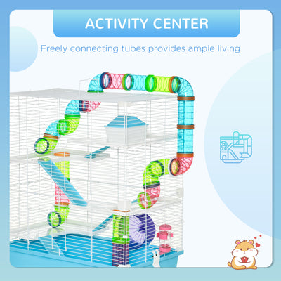 PawHut Hamster Cage w/ Water Bottle, Exercise Wheel, Tubes, Ramps - Light Blue 