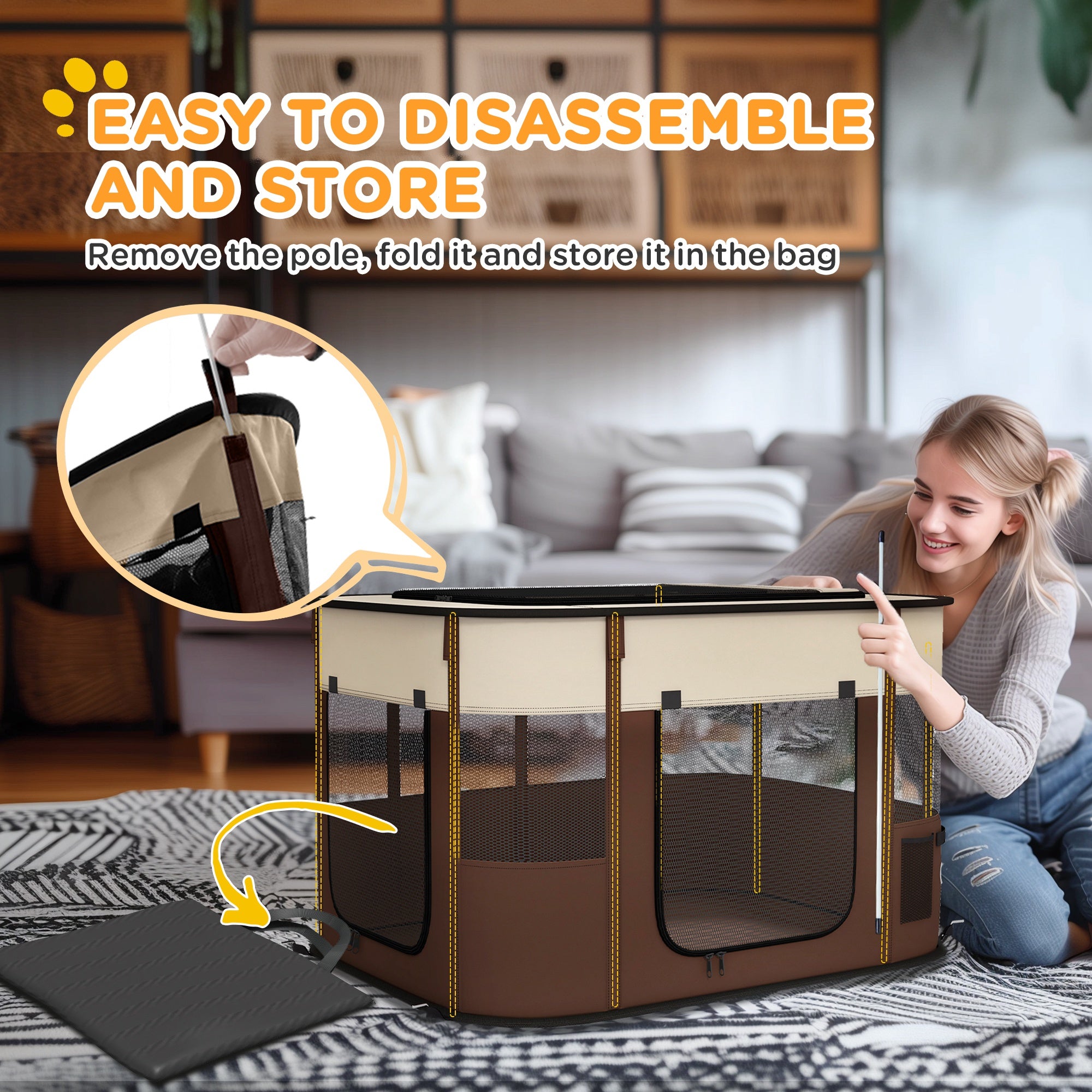 PawHut Foldable Dog Pen with Storage Bag for Indoor/Outdoor Use, Portable Pet playpen, with Ground Stakes - Brown 