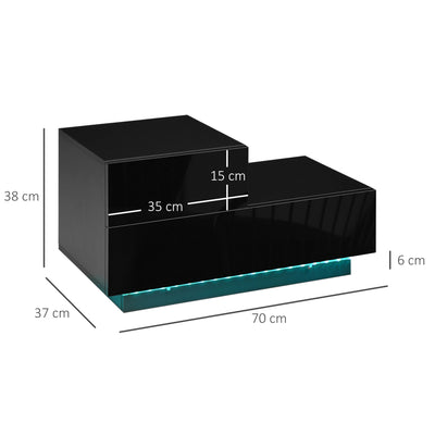 HOMCOM High Gloss Front Bedside Table with Drawers Nightstand with RGB LED Light and Remote for Bedroom Living Room Black 