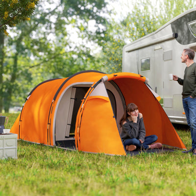 Outsunny 2-3 Man Tunnel Tents w/ Vestibule Camping Tent Porch Air Vents Weather-Resistant Shelter, Orange 