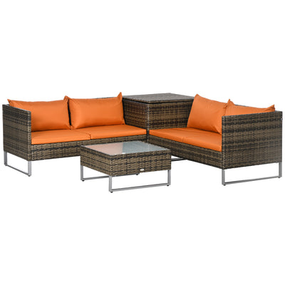 Outsunny Four-Piece Rattan Sofa Set, with Storage Table - Orange/Brown 