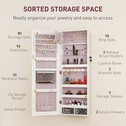 HOMCOM 108 x 37cm Lockable Jewellery Cabinet, with LED Lights - White Surface and Pink Lining 