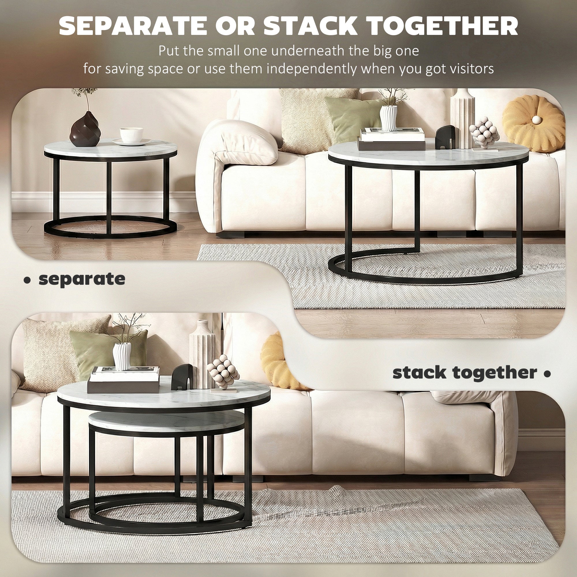 HOMCOM Set of Two Marble-Effect Stacking Tables - White 