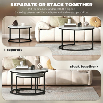 HOMCOM Set of Two Marble-Effect Stacking Tables - White 