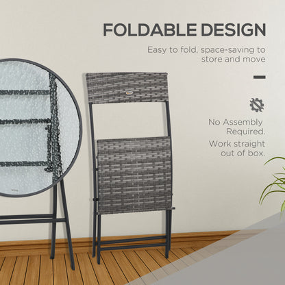 Outsunny 3 Pieces Rattan Bistro Set, Wicker Folding Garden Furniture Set with Glass Top Coffee Table and Chairs for Outdoor, Patio, Balcony, Grey 