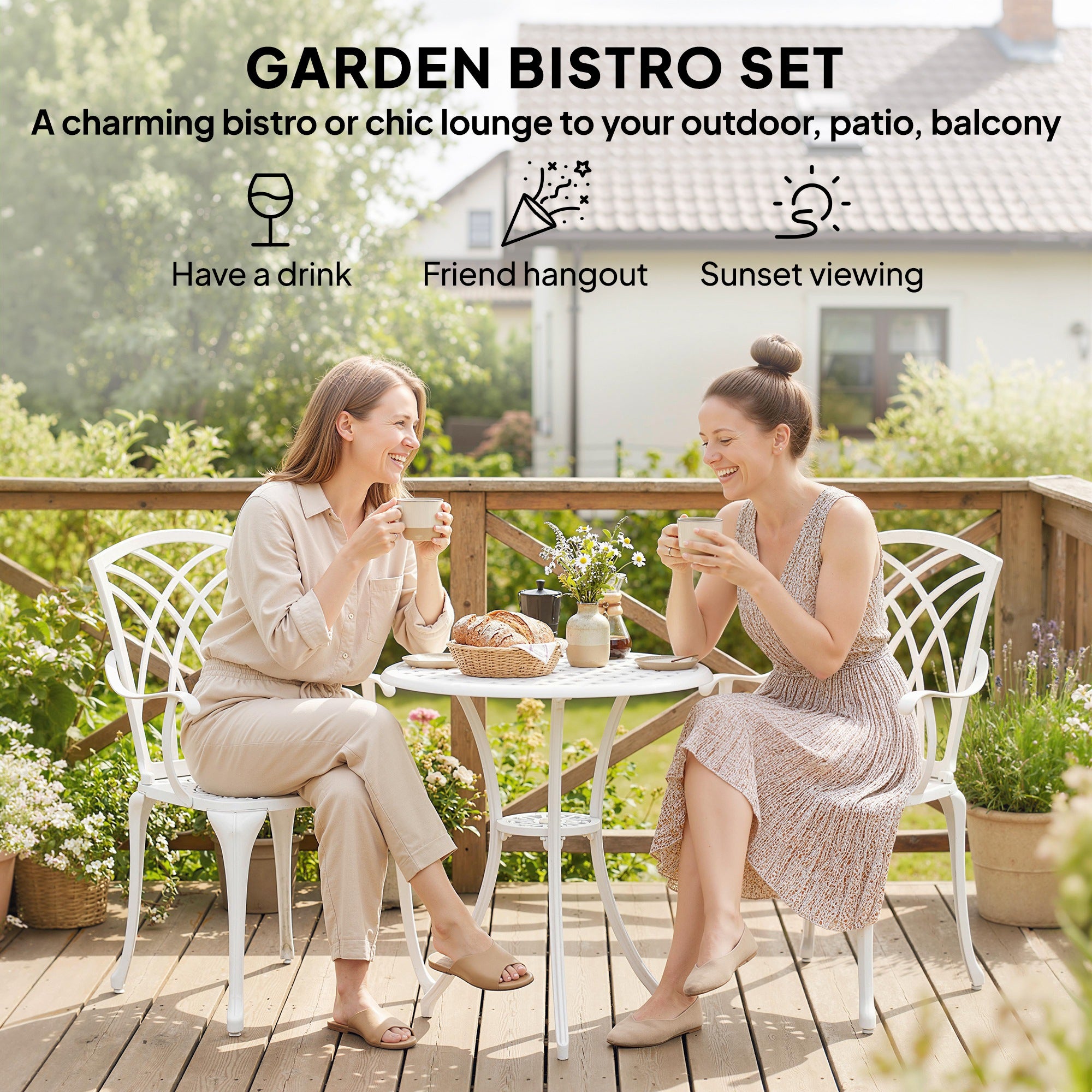 Outsunny 3 Pieces Garden Bistro Set, Cast Aluminium Outdoor Dining Set with 2 Chairs and Round Table with Parasol Hole, White 