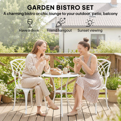 Outsunny 3 Pieces Garden Bistro Set, Cast Aluminium Outdoor Dining Set with 2 Chairs and Round Table with Parasol Hole, White 