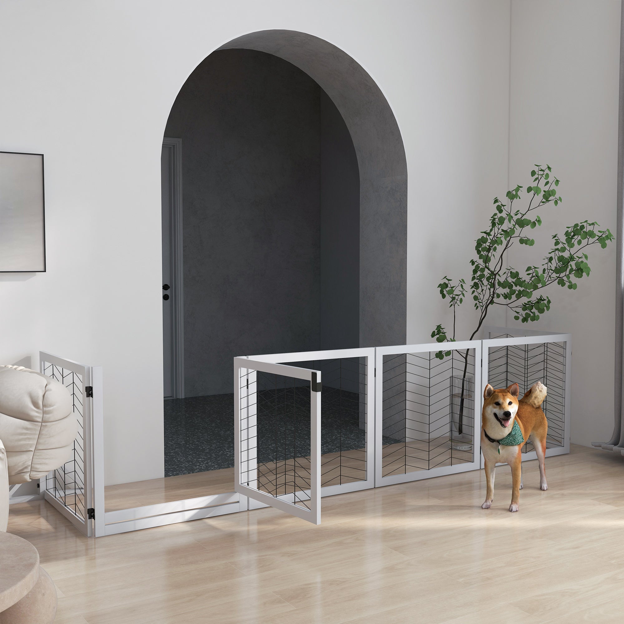 PawHut 8 Panels Foldable Pet Gate with Support Feet, for House, Doorway, Stairs, Small and Medium Dogs - White 