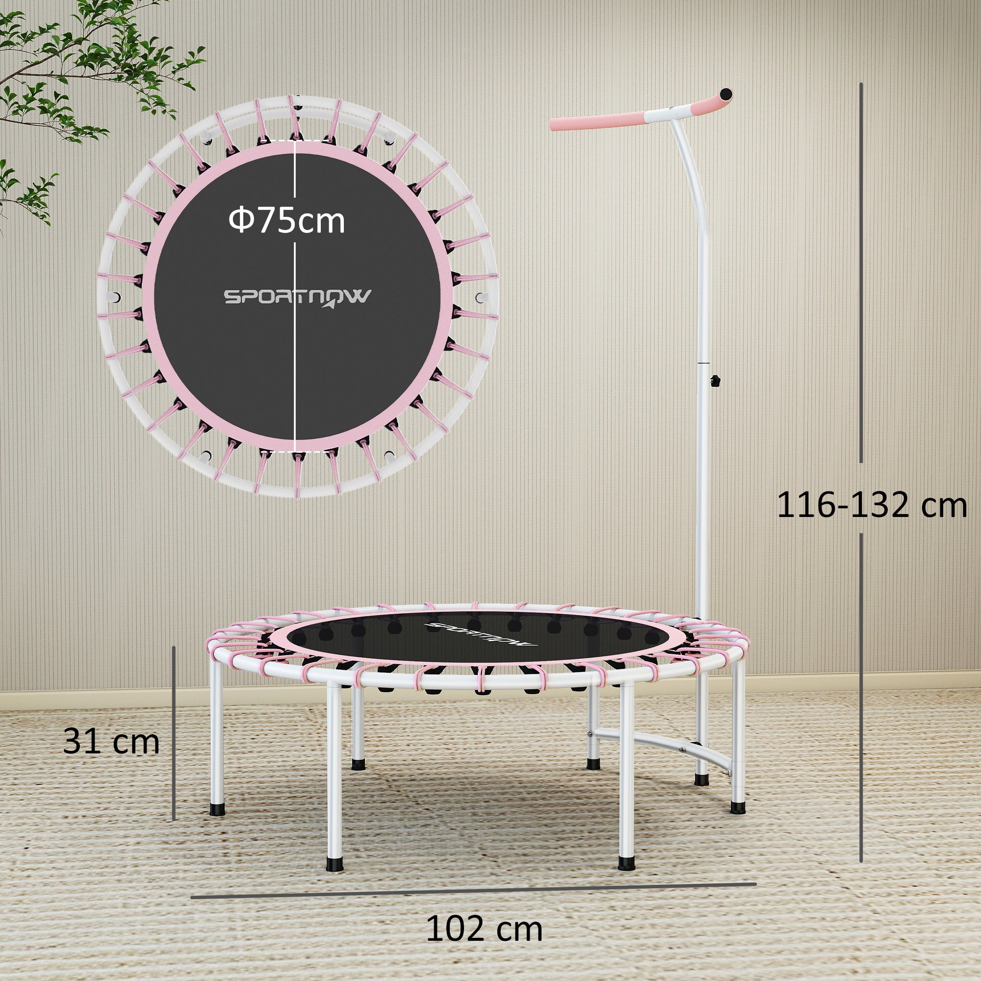 SPORTNOW 40" Fitness Trampoline, Mini Rebounder Trampoline for Adults with 5-Level Adjustable Handle, Indoor Exercise Bungee Rebounder, Max Load 100KG, Pink
