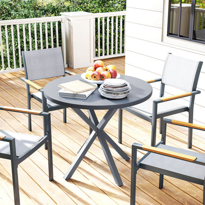 Outsunny Garden Table, 85cm Round Outdoor Dining Table with Steel Frame, Wood Effect Top, for Balcony, Deck, Dark Grey 