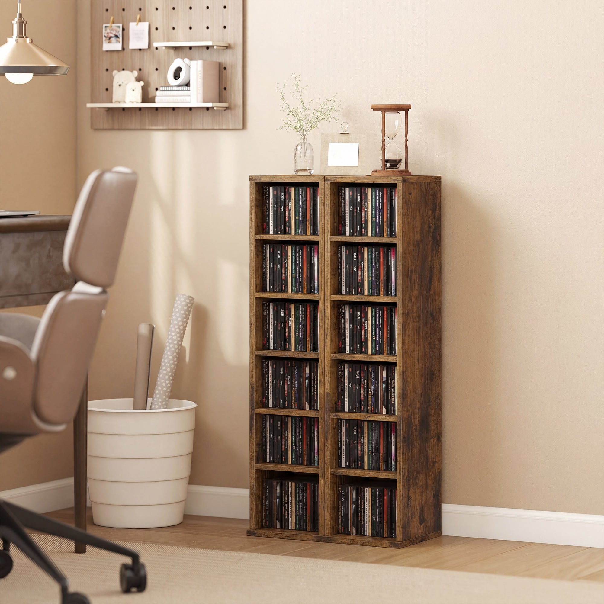 HOMCOM Set of 2 CD Media Display Shelf Unit Tower Rack with Adjustable Shelves, Rustic Brown 