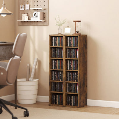 HOMCOM Set of 2 CD Media Display Shelf Unit Tower Rack with Adjustable Shelves, Rustic Brown 