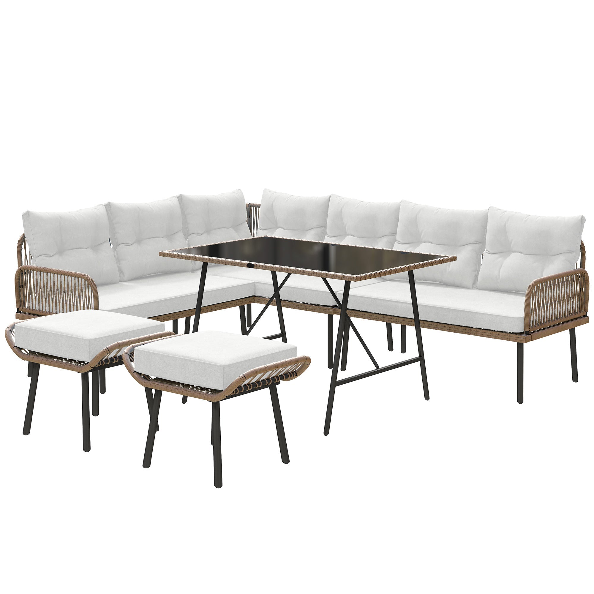 Outsunny 6 Piece Rattan Garden Furniture Set, 8 Seater Garden Corner Sofa with Cushions and Glass Top Table, Sectional Outdoor Furniture Conservatory Set for Patio, Cream White 