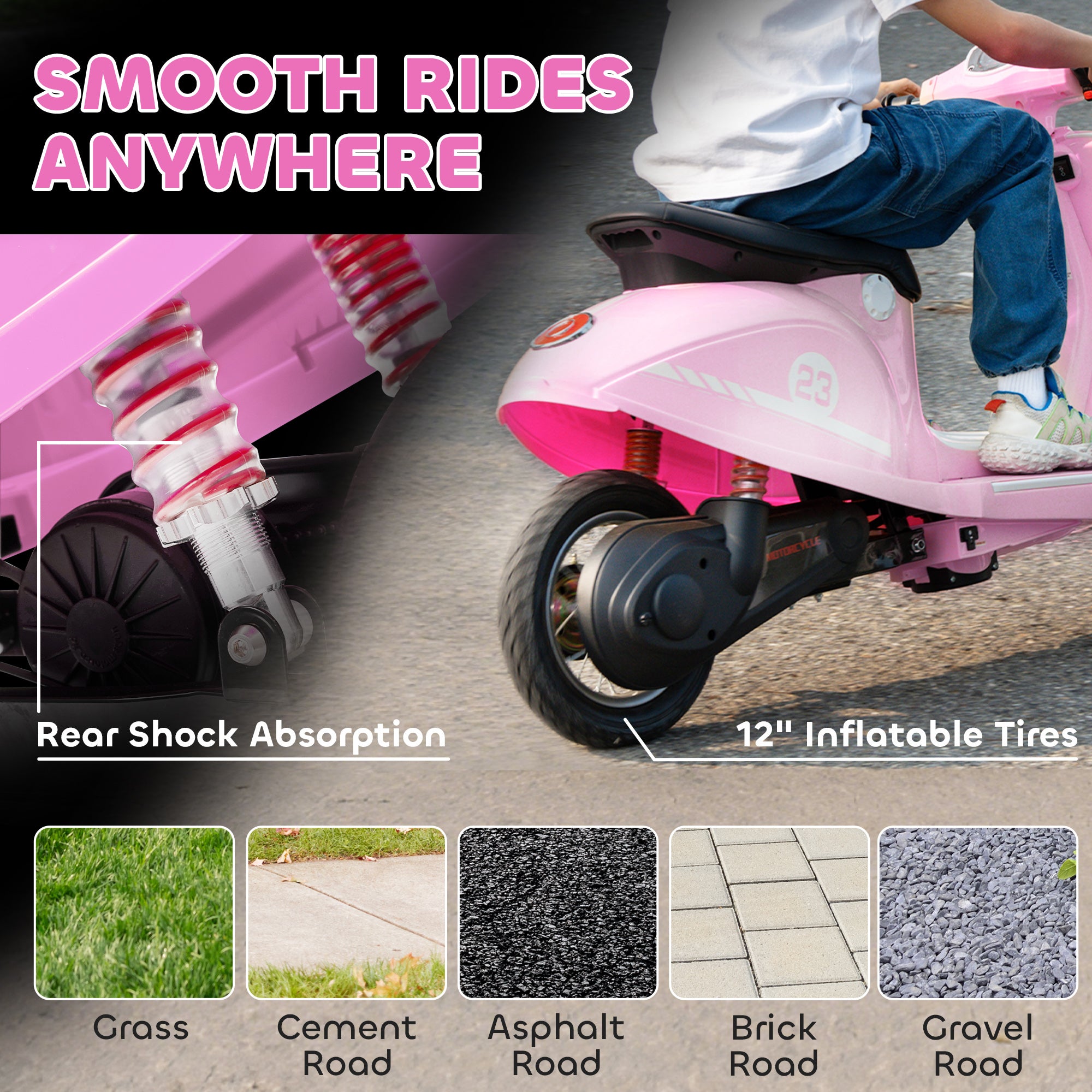 AIYAPLAY 24V Kids Electric Motorbike, Ride on Motorcycle with Manual Throttle, Brakes and LED Lights for Ages 8-12 Years, Pink 