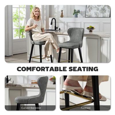 HOMCOM Bar Stools Set of 2, PU Leather Barstools with Back, Footrest and Wood Legs for Kitchen, Counter, Breakfast Bar, Grey 
