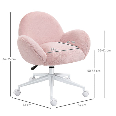 HOMCOM Makeup Vanity Chair, Cute Fluffy Desk Chair with Rolling Wheels for Bedroom Living Room, Pink 