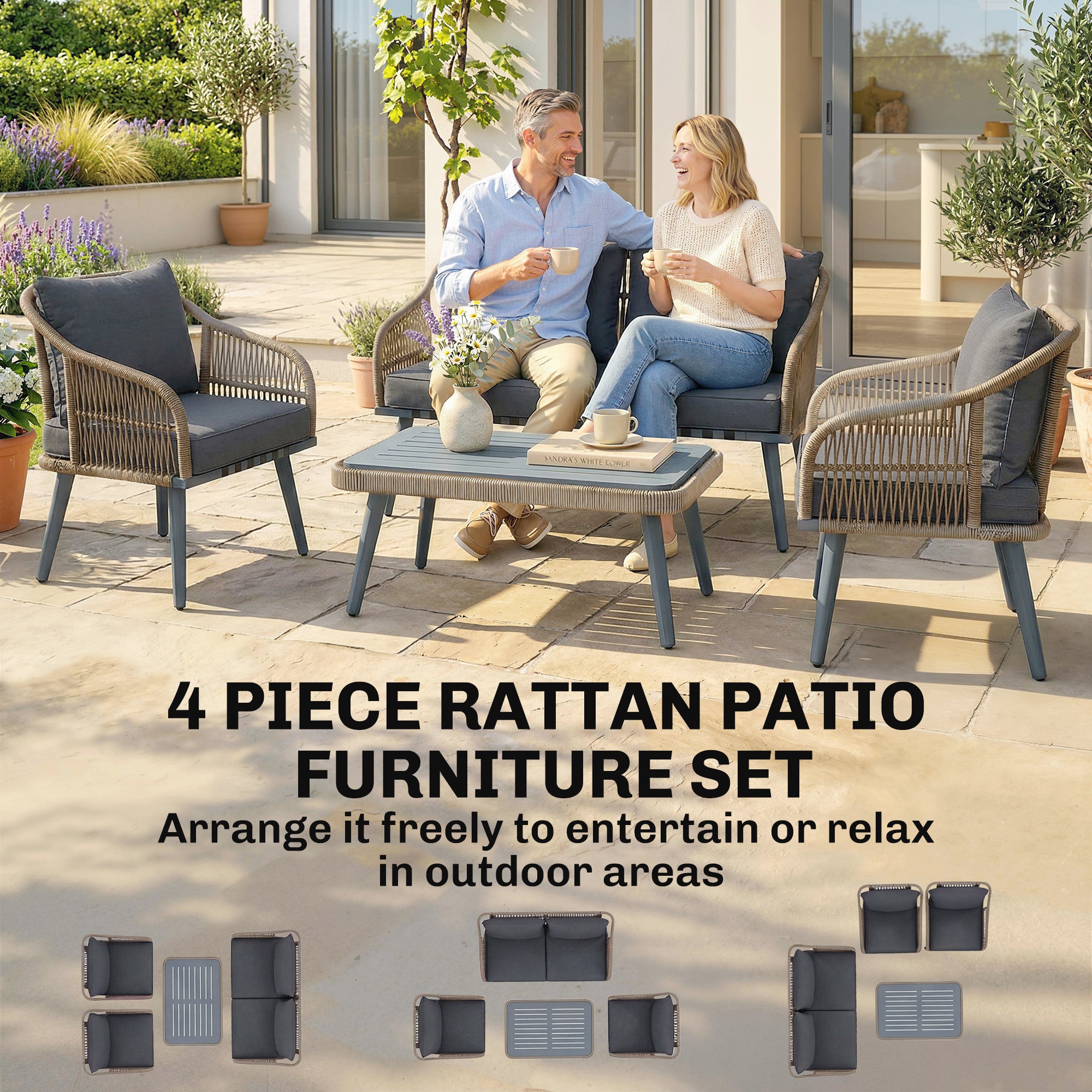 Outsunny 4 Piece Rattan Garden Furniture Set with Loveseat, Armchairs, Wood Table, Wicker Patio Conversation Set, Grey 