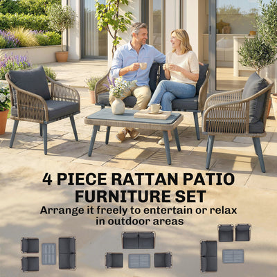 Outsunny 4 Piece Rattan Garden Furniture Set with Loveseat, Armchairs, Wood Table, Wicker Patio Conversation Set, Grey 
