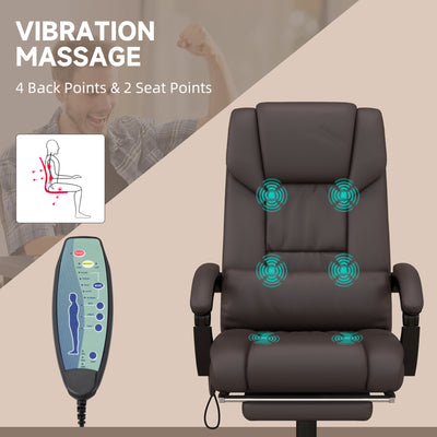Vinsetto 6-Point Massage Office Chair, PU Leather Desk Chair with Adjustable Height and Footrest for Home Office, Brown 