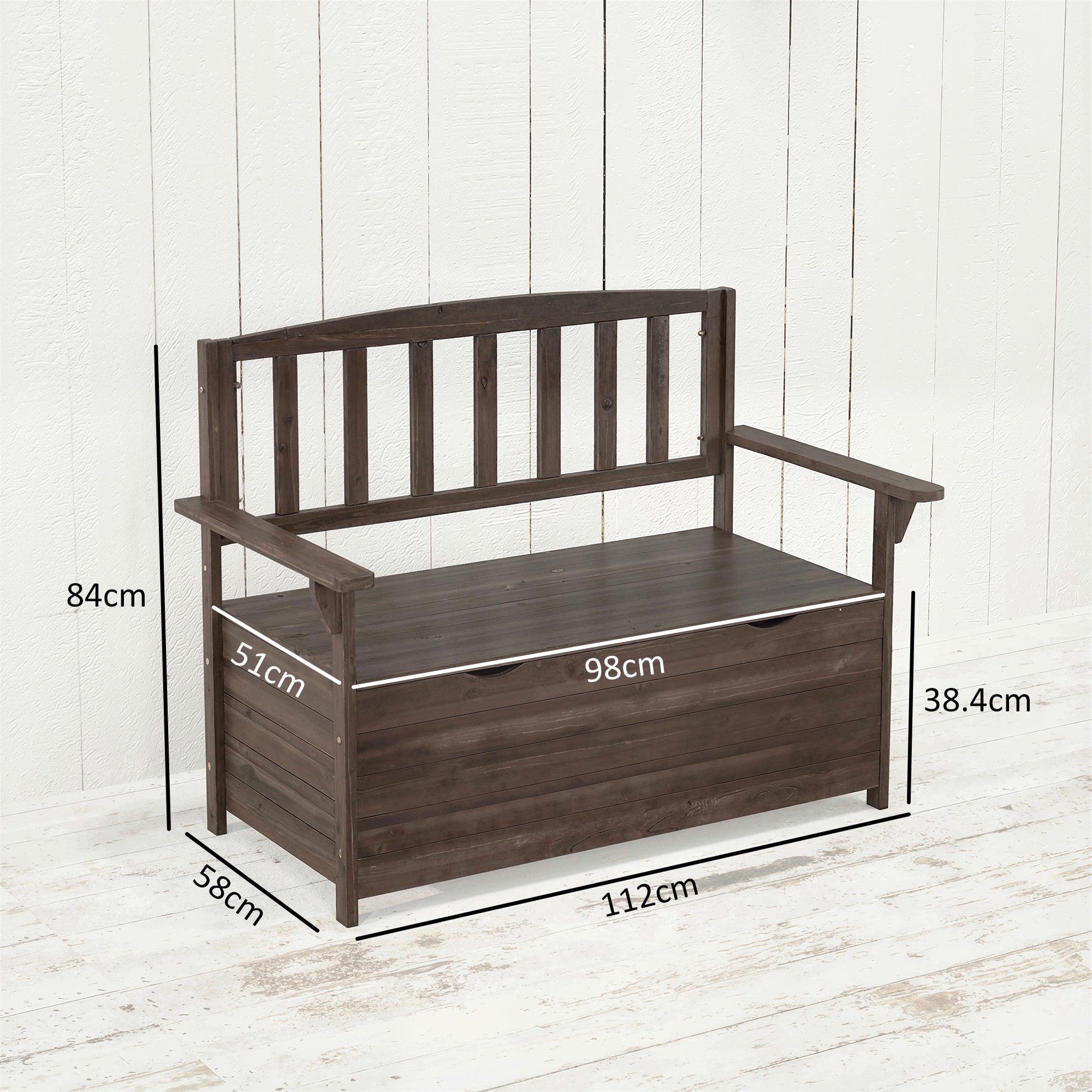Outsunny Outdoor 2 Seater Garden Bench, Wooden Bench with Storage, Backrest, Arm Rests, 112 x 84 x 58 cm, Brown 