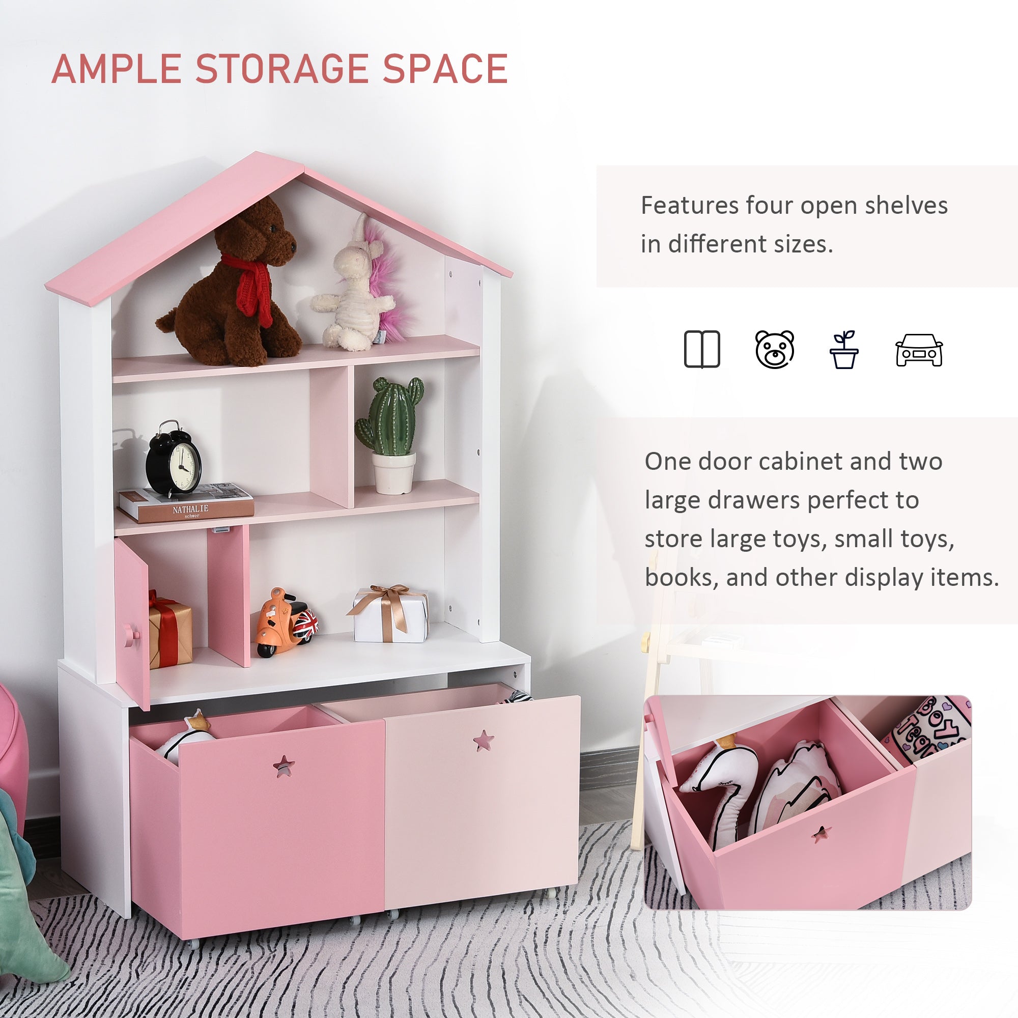 HOMCOM Kids Bookshelf Chest w/ Drawer with Wheels Baby Toy Wood Organizer Display Stand Storage Cabinet 80x34x130cm Pink 