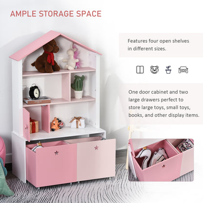 HOMCOM Kids Bookshelf Chest w/ Drawer with Wheels Baby Toy Wood Organizer Display Stand Storage Cabinet 80x34x130cm Pink 