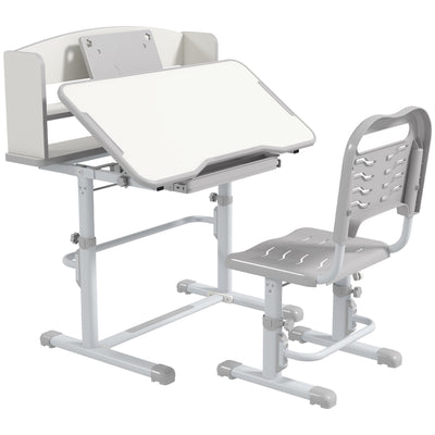 ZONEKIZ Height Adjustable Kids Study Table and Chair Set, with Drawer, Storage Shelf, 80 x 54.5 x 104 cm, Grey 