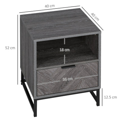 HOMCOM Bedside Table with Drawer and Shelf, Side End Table with Steel Legs for Living Room, Bedroom, Dark Grey 