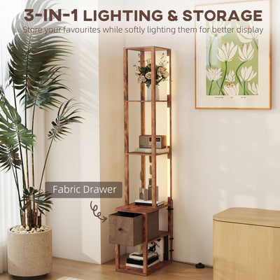 HOMCOM Floor Lamp with Shelves, LED Column Modern Standing Lamp with Fabric Drawer, Adjustable Brightness, Foot Switch for Living Room, Bedroom, Office, Rustic Brown 