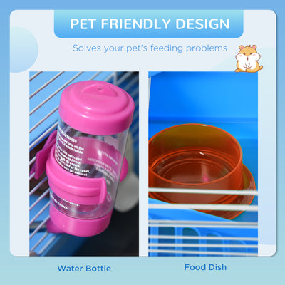 Pawhut 2 Tier Hamster Cage, Gerbil Cage with Handle, Exercise Wheels, Tunnel, Tube, Water Bottle, Dishes, Ladder, for Dwarf, Blue 