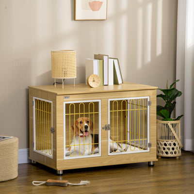 PawHut Dog Crate Furniture, Dog Cage End Table. with Soft Cushion, Double Door - Oak Tone 