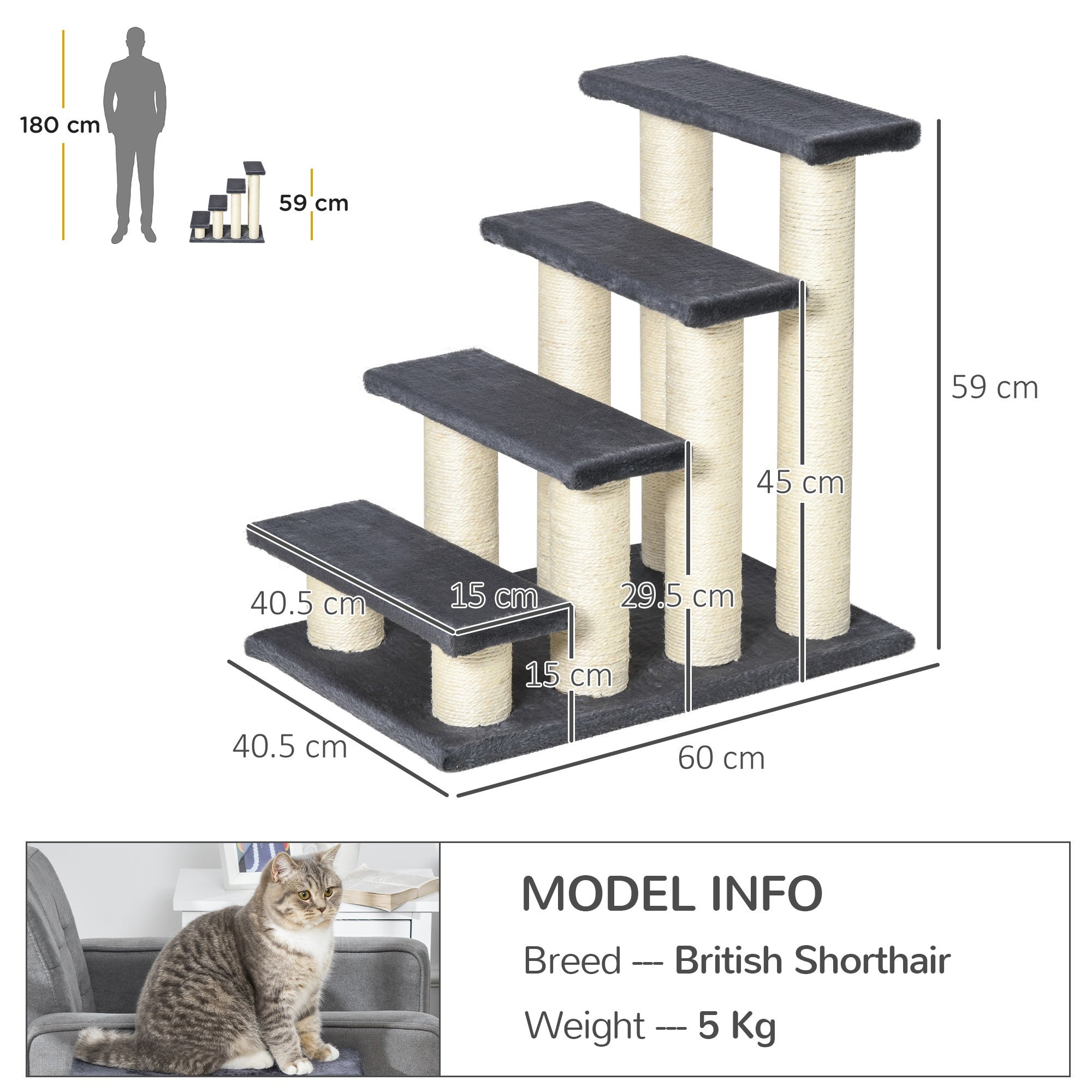 PawHut Dog Steps for Bed 4 Step Pet Stairs for Dog Cat ladder Scratch Post Grey 
