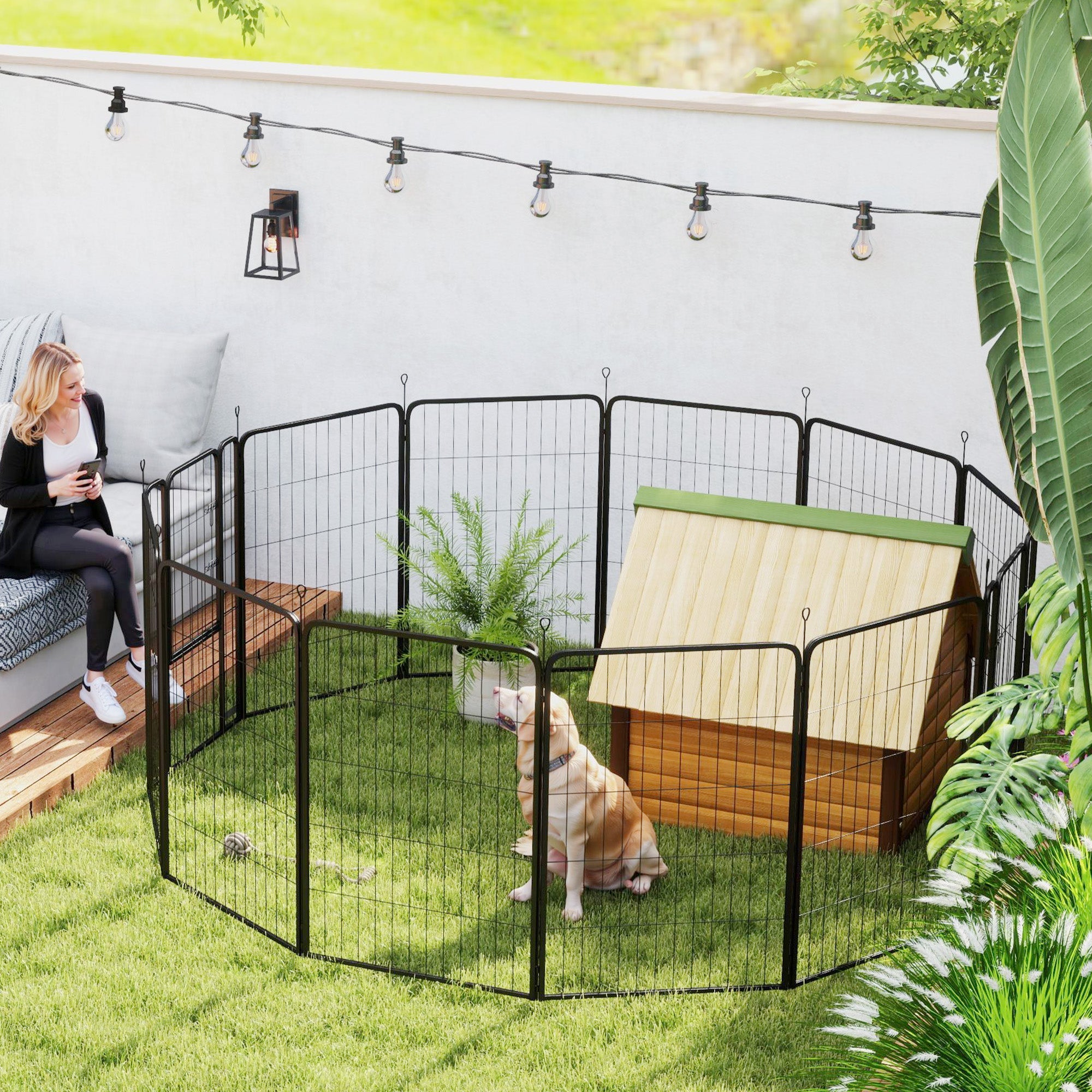 PawHut 12 Panels Heavy Duty Dog Playpen with Doors, for Large Dogs, 100cm High, Black 