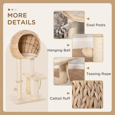 PawHut Cat Tree for Indoor Cats 100cm Kitten Climbing Tower Activity Center with Sisal Scratching Post Condo Perch Hanging Balls Teasing Rope Toy Cushion 