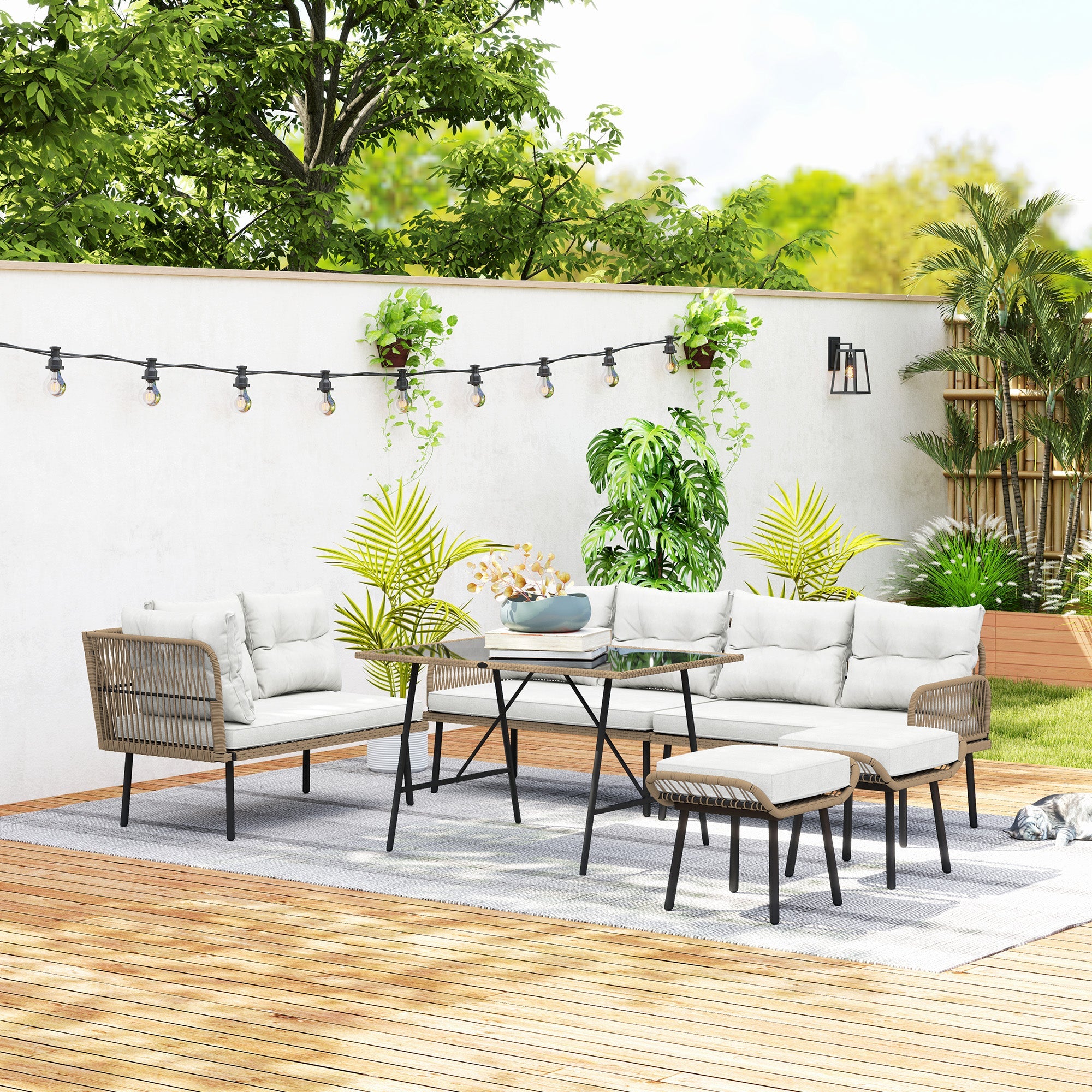 Outsunny 6 Piece Rattan Garden Furniture Set, 8 Seater Garden Corner Sofa with Cushions and Glass Top Table, Sectional Outdoor Furniture Conservatory Set for Patio, Cream White 