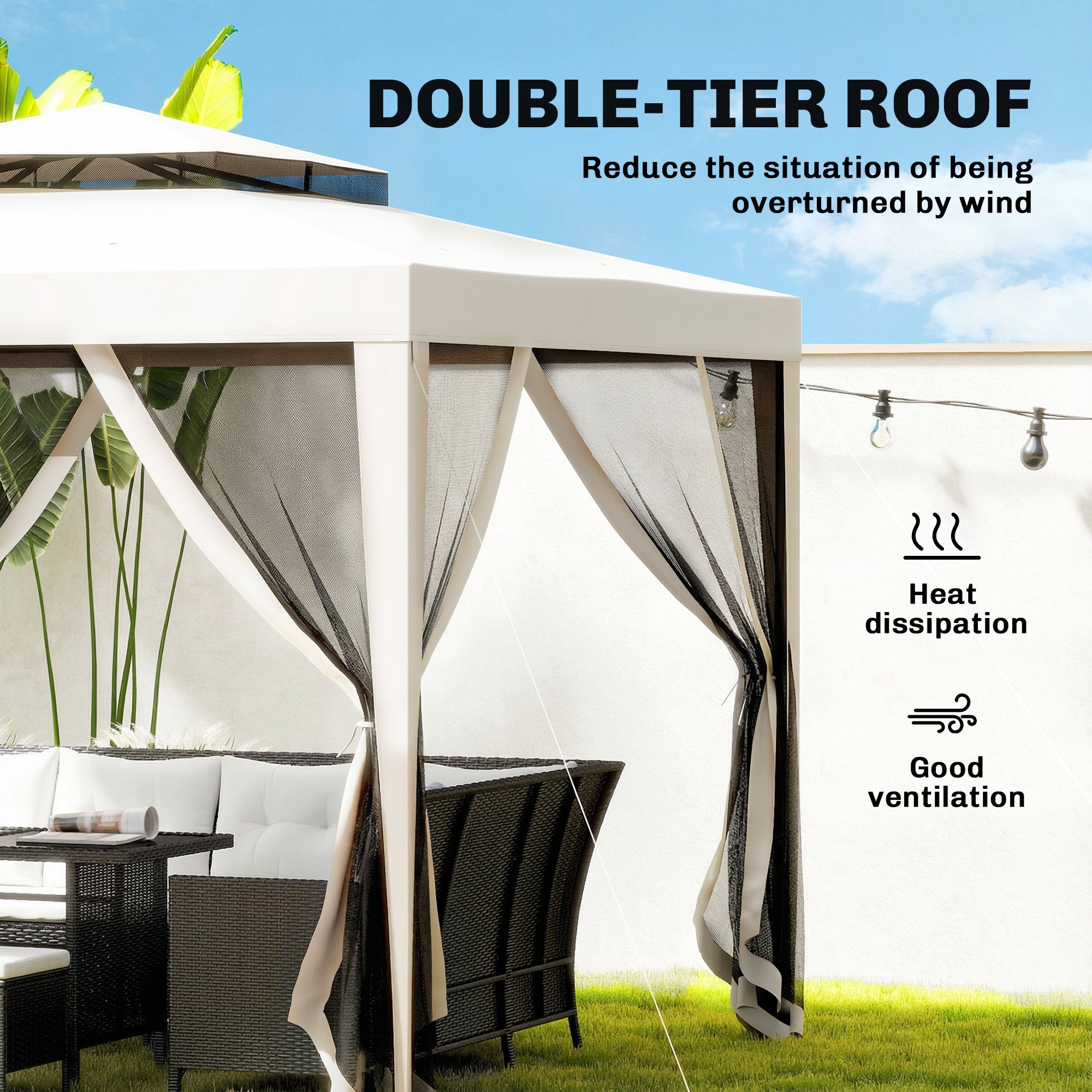 Outsunny 3 x 3 m Gazebo, Netting Party Tent, Patio Canopy Outdoor Event Shelter with Double Tier Roof, Cream White 