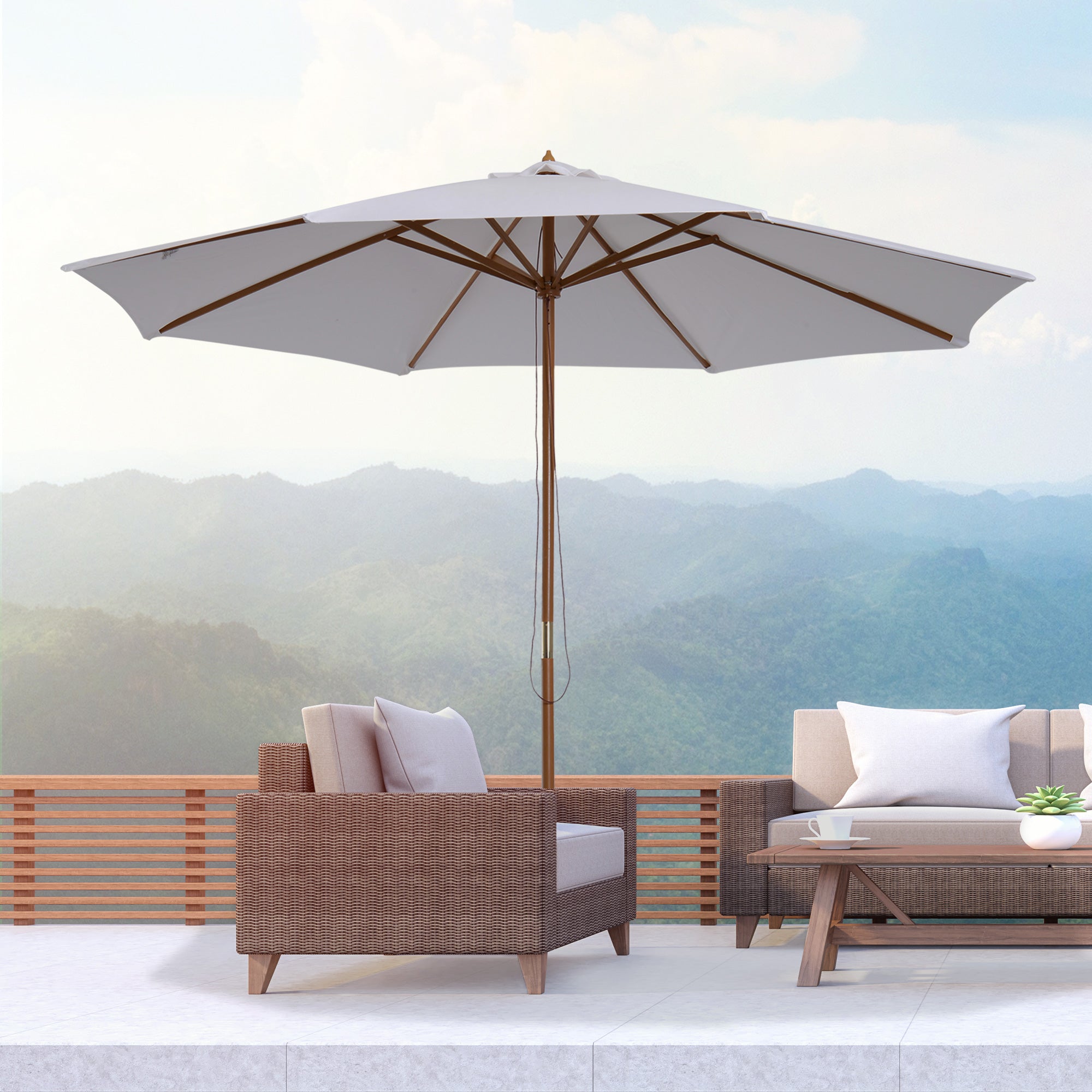 Outsunny 3 m Garden Parasol with Base, Pulley Operated Patio Umbrella, Wooden Parasol, Table Market Umbrella with Rope Pulley Mechanism and 8 Ribs, White 