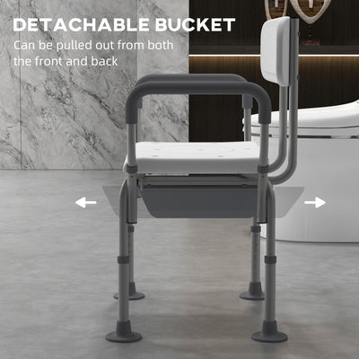 HOMCOM Height Adjustable Shower Stool with Arms and Back, Non-Slip Bedside Commode with Detachable Bucket for Elderly, White 