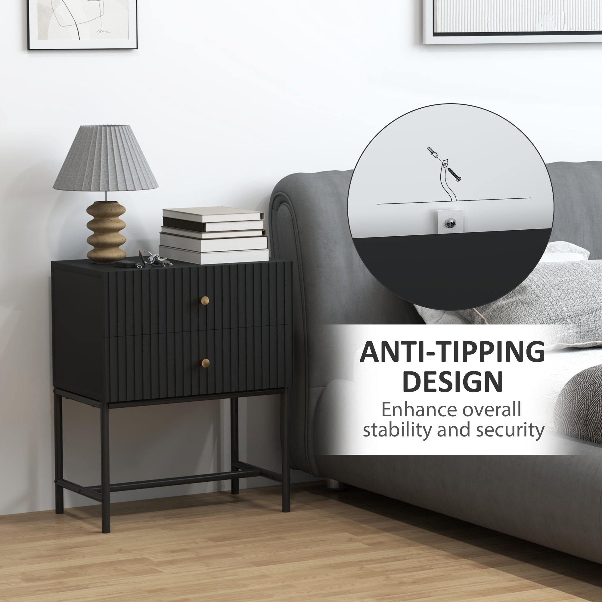 HOMCOM Elegant Two-Drawer Bedside Table Set of 2 - Black 