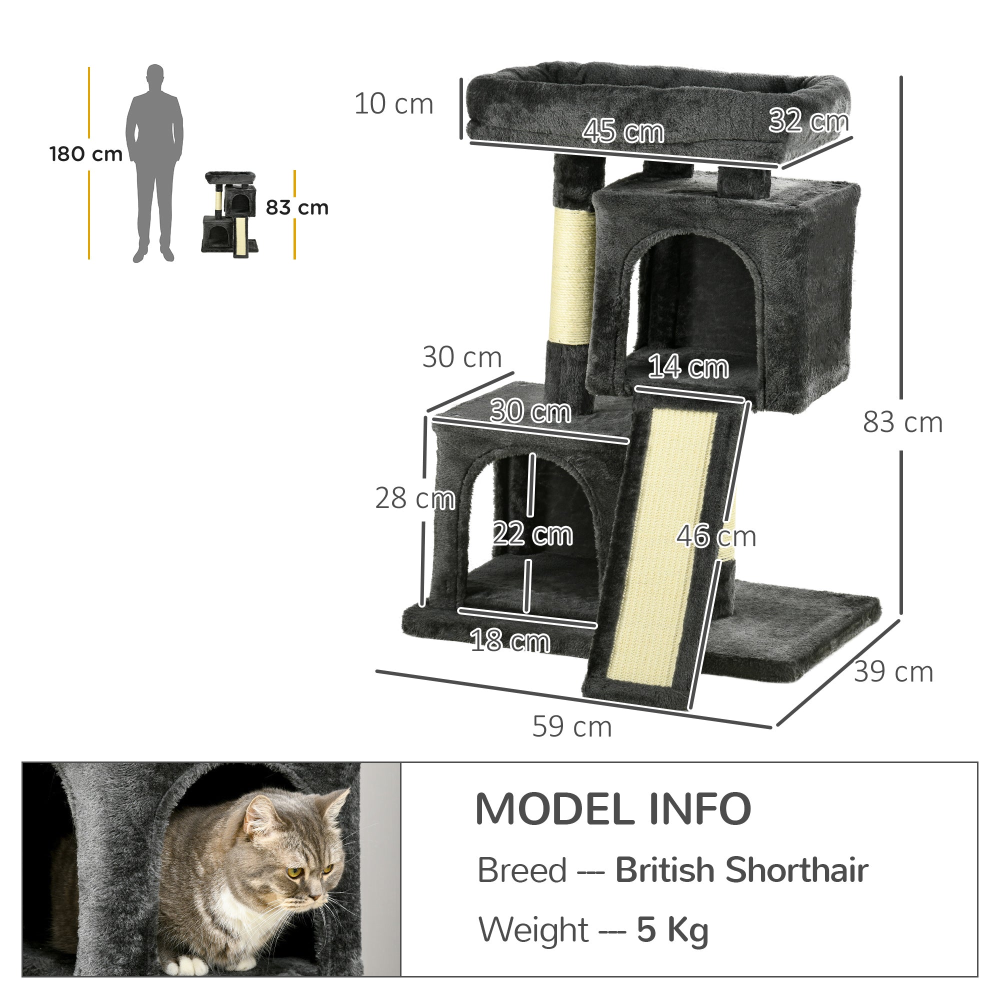 PawHut Cat Tree for Indoor Cats 83cm Cat Scratching Post Scratch Board Kitten Tower Climbing Frame Black 
