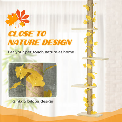 PawHut 242cm Adjustable Floor-To-Ceiling Cat Tree, with Artificial Decoration, Perches, Anti-Slip Kit - Yellow 