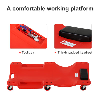 DURHAND Mechanic Vehicle Creeper Under Car Repair Padded Headrest Rolling Moulded Workshop Garage Assistance with Tool Tray, Red 