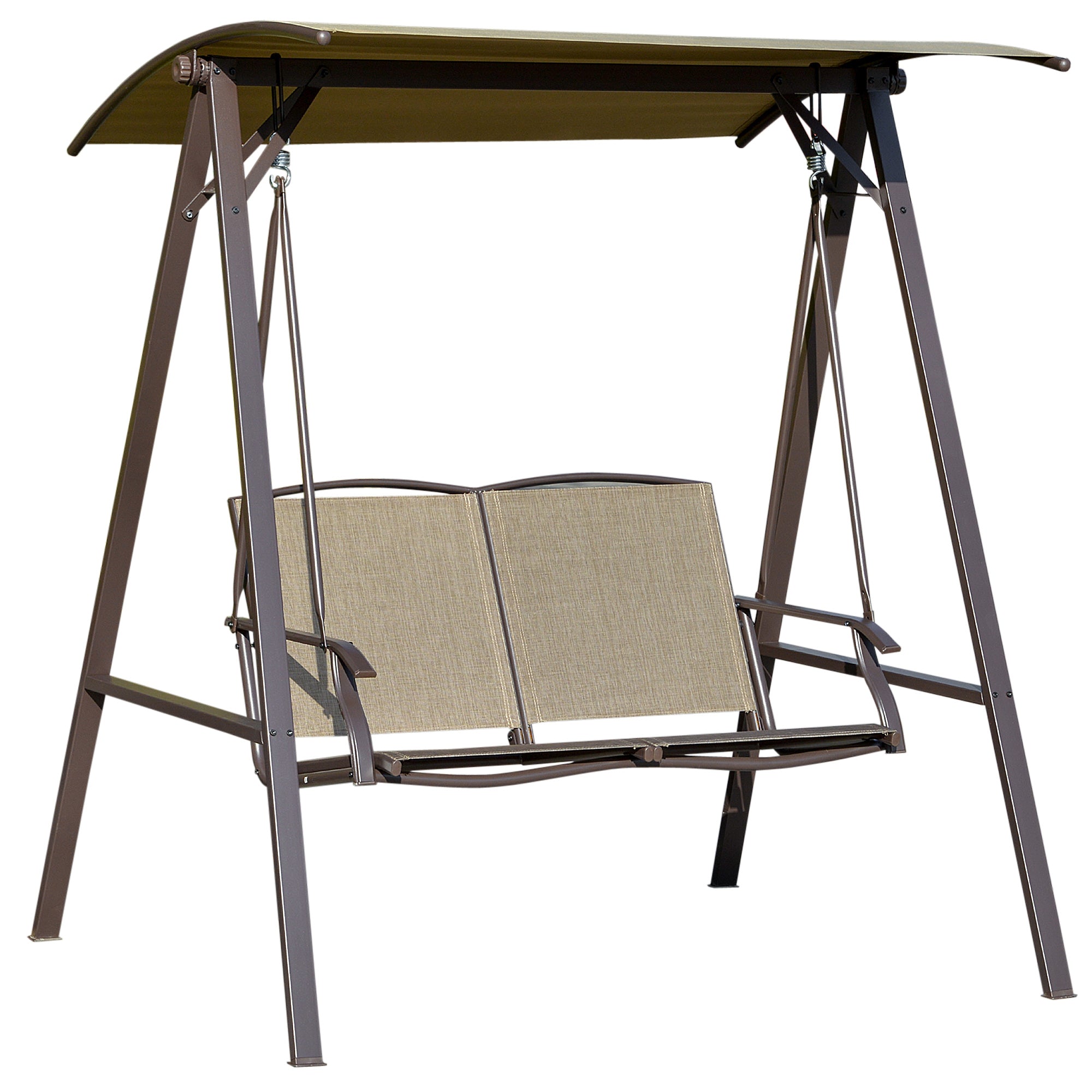 Outsunny 2 Seater Garden Swing Seat Swing Chair, Outdoor Canopy Swing Bench with Adjustable Shade, Metal Frame and Texteline Seat, Brown 