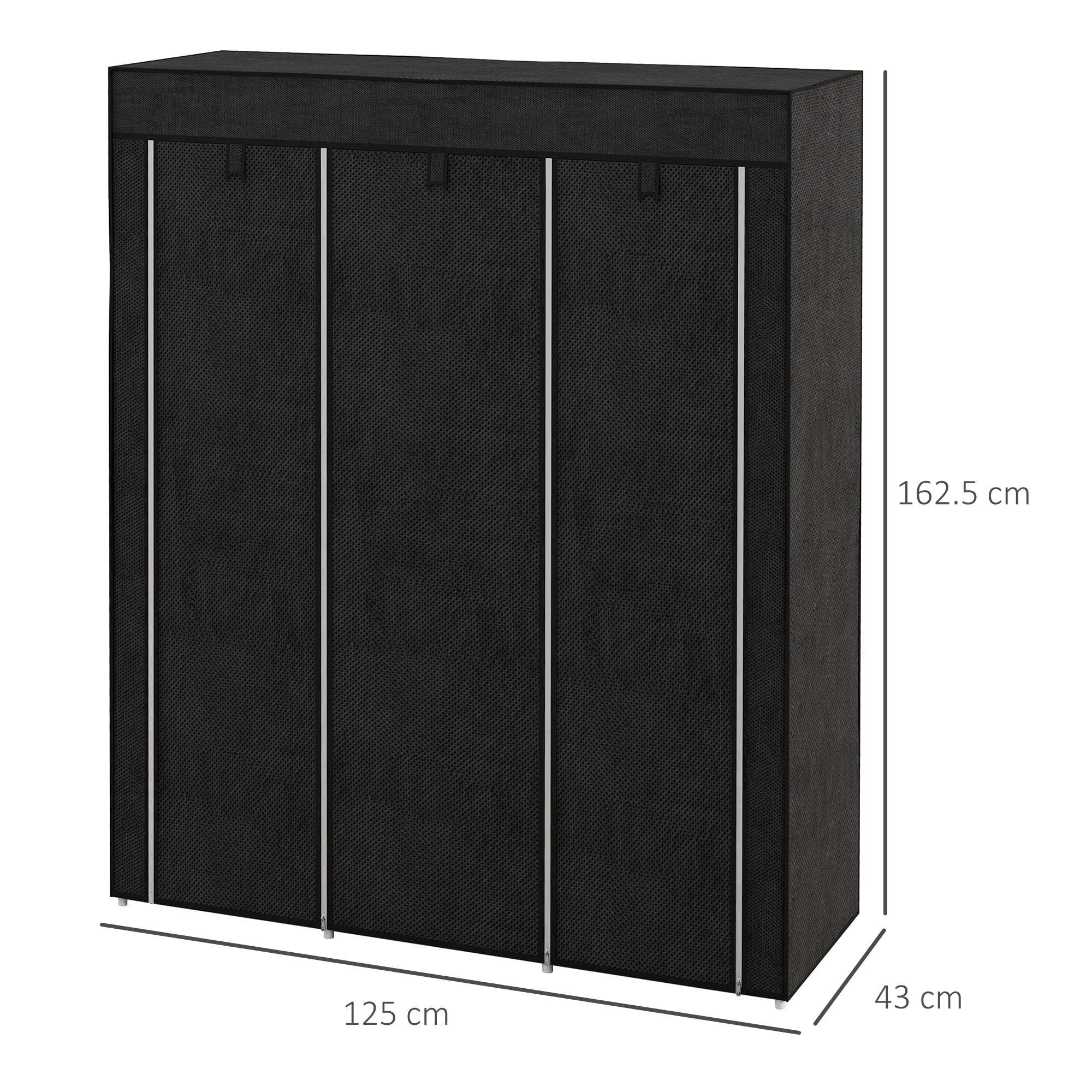 HOMCOM Fabric Wardrobe, Portable Wardrobe, Clothes Storage Unit with 8 Shelves, 2 Hanging Rods, 125 x 43 x 162.5 cm, Black 