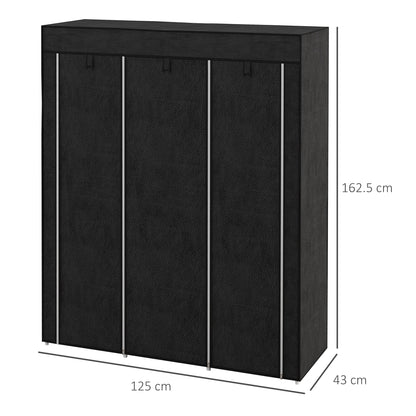 HOMCOM Fabric Wardrobe, Portable Wardrobe, Clothes Storage Unit with 8 Shelves, 2 Hanging Rods, 125 x 43 x 162.5 cm, Black 
