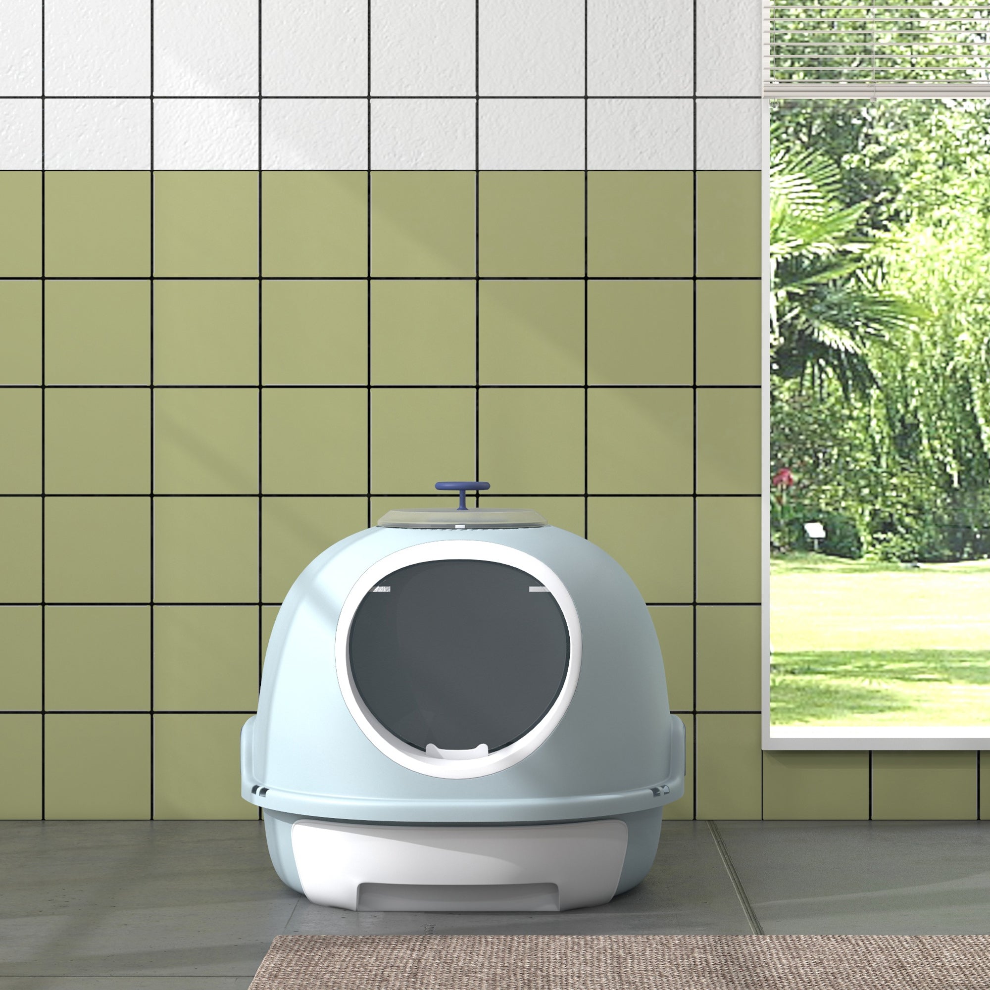 PawHut Cat Litter Box Toilet with Litter Scoop Enclosed Drawer, Front Entry Top Exit, Easy To Clean Blue 