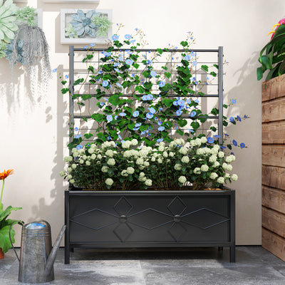 Outsunny Raised Bed for Garden with Trellis, Galvanised Planter Box with Diamond Pattern, Drainage Holes for Vegetables, Herbs and Flowers, 90 x 40 x 120 cm, Black 