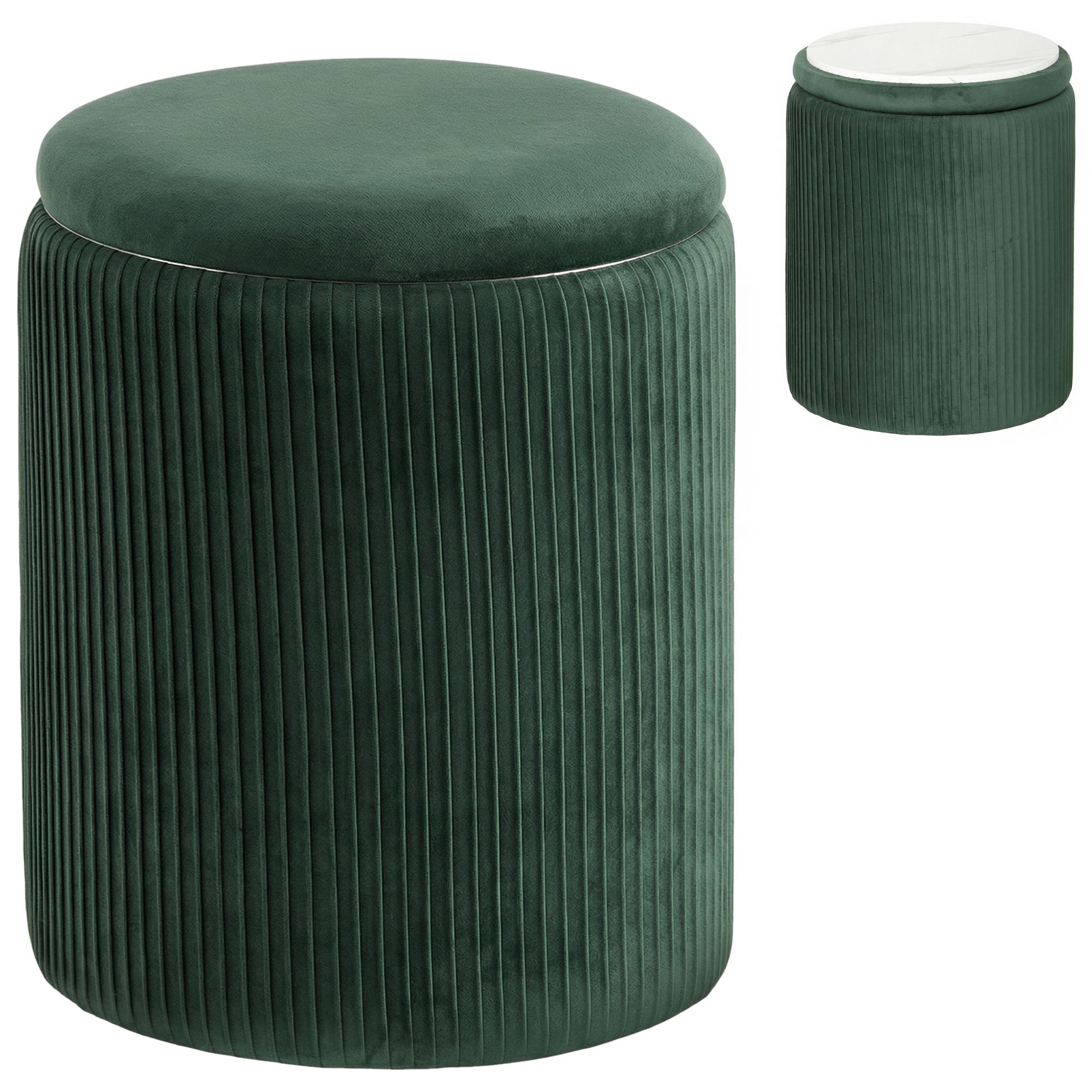 HOMCOM Storage Ottoman Modern Velvet Round Foot Stool for Living Room Bedroom 45 cm Dark Green 