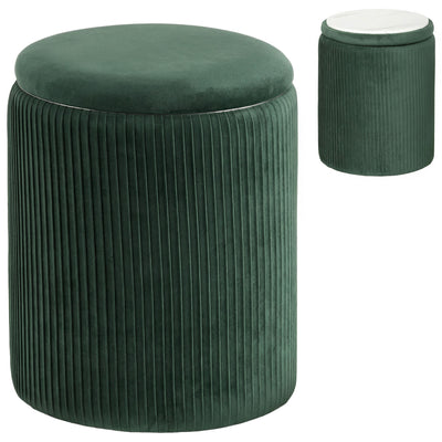 HOMCOM Storage Ottoman Modern Velvet Round Foot Stool for Living Room Bedroom 45 cm Dark Green 